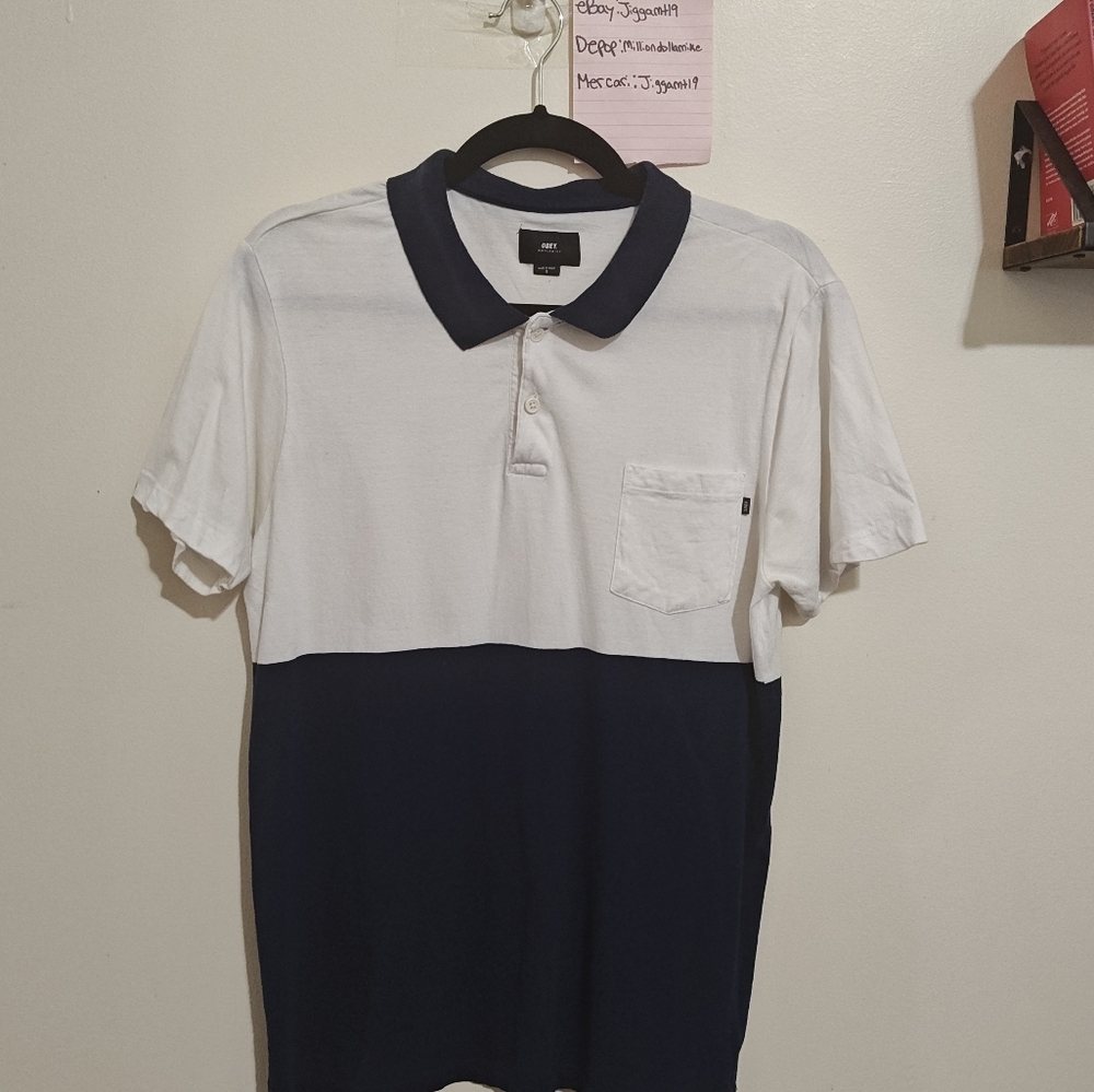 Obey Worldwide Color Block White Navy Blue Polo Size Small Sz S Men's Shirt